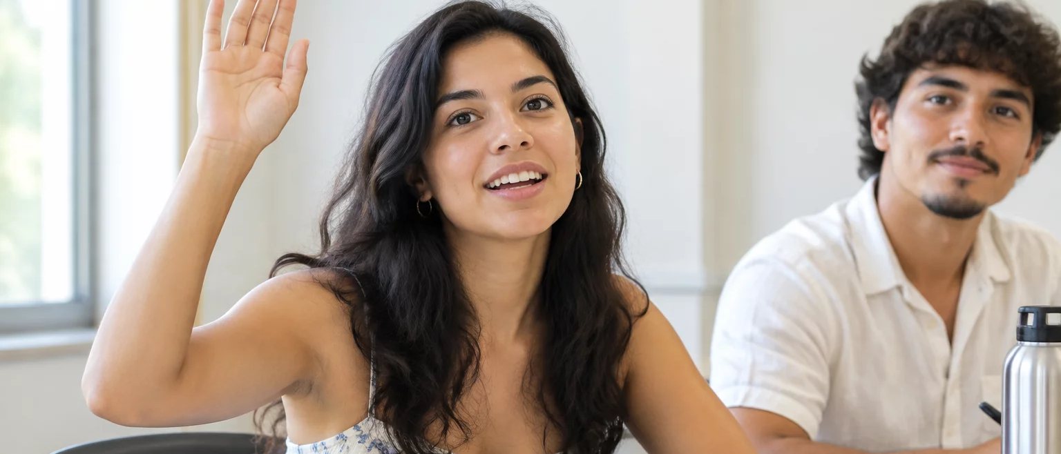 Participante com a mão erguida pedindo a vez, à mesa coberta de folhas escritas