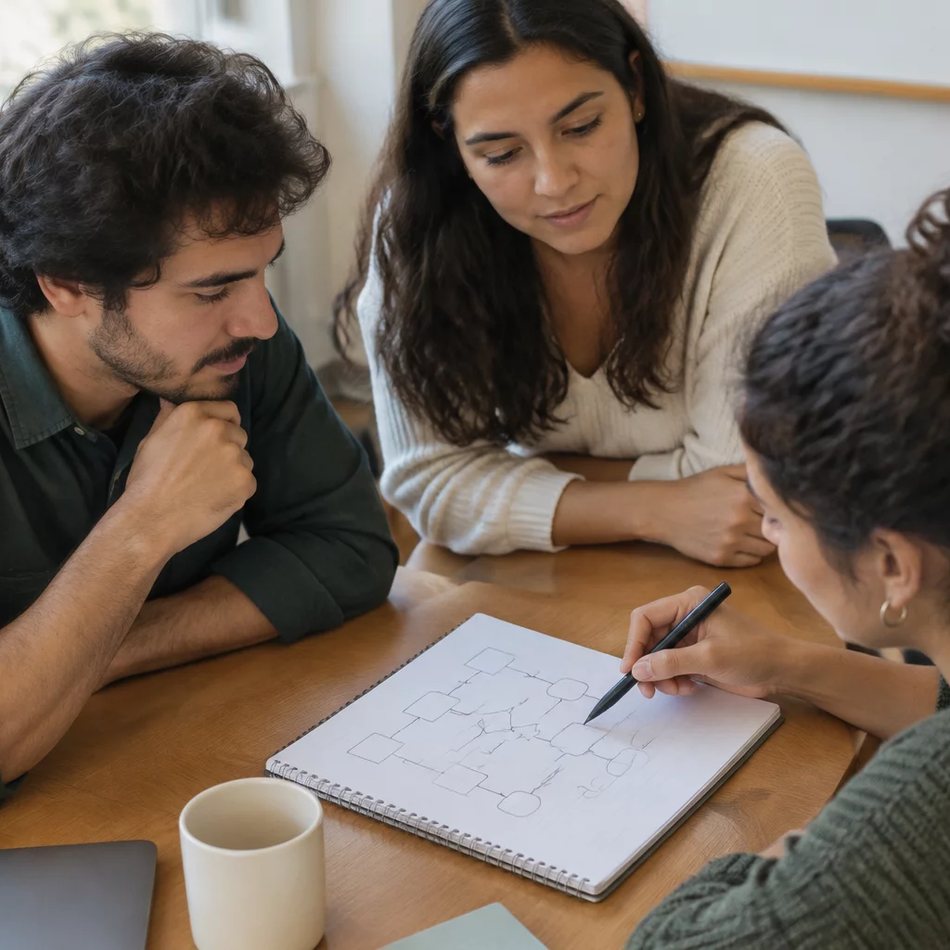 Duas pessoas relendo num tablet as notas da rodada anterior, apoiadas na mesa de madeira